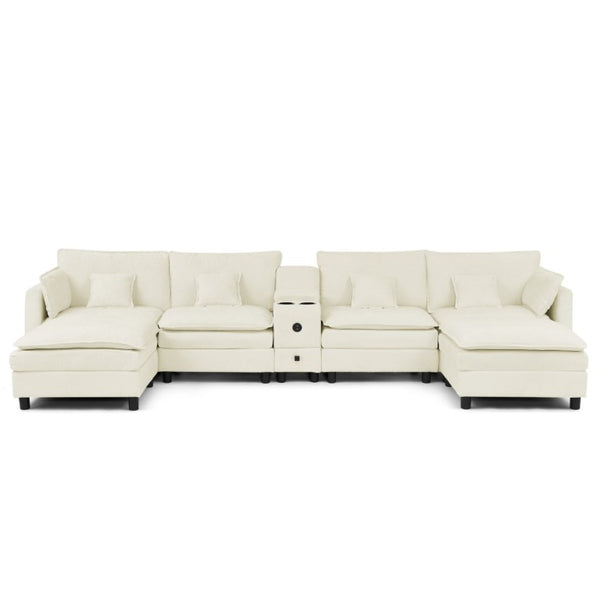 English Elm Modular L Shaped Sectional with Reversible Chaise USB Charging and Hidden Storage Beige W487S00612