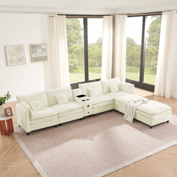 English Elm Modular L Shaped Sectional with Reversible Chaise USB Charging and Hidden Storage Beige W487S00612