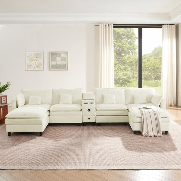 English Elm Modular L Shaped Sectional with Reversible Chaise USB Charging and Hidden Storage Beige W487S00612