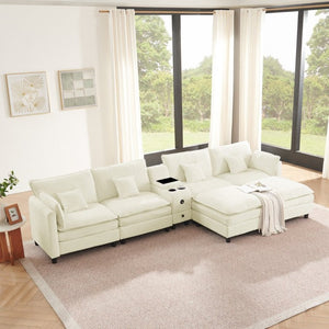 English Elm Modular L Shaped Sectional with Reversible Chaise USB Charging and Hidden Storage Beige W487S00612