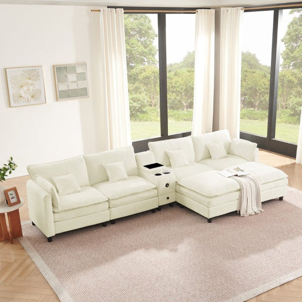 English Elm Modular L Shaped Sectional with Reversible Chaise USB Charging and Hidden Storage Beige W487S00612