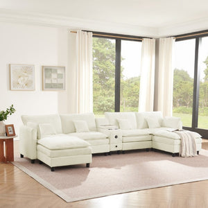 English Elm Modular L Shaped Sectional with Reversible Chaise USB Charging and Hidden Storage Beige W487S00612