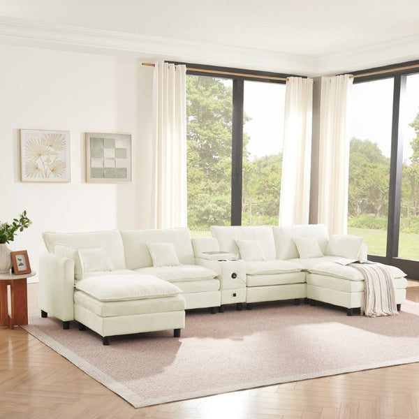 English Elm Modular L Shaped Sectional with Reversible Chaise USB Charging and Hidden Storage Beige W487S00612