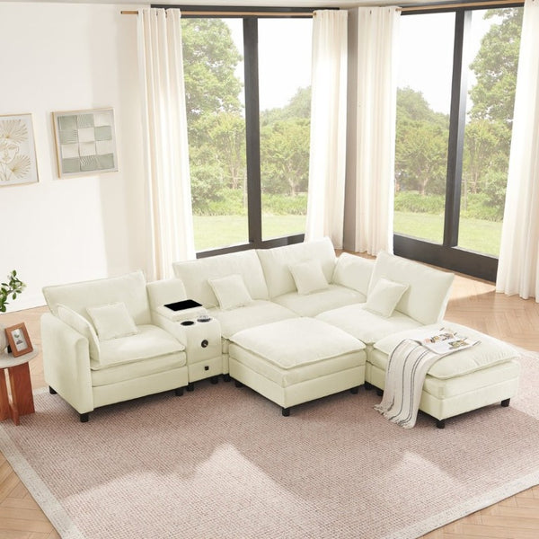 English Elm Modular L Shaped Sectional with Reversible Chaise USB Charging and Hidden Storage Beige W487S00612