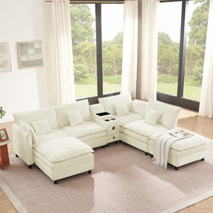 English Elm Modular L Shaped Sectional with Reversible Chaise USB Charging and Hidden Storage Beige W487S00612