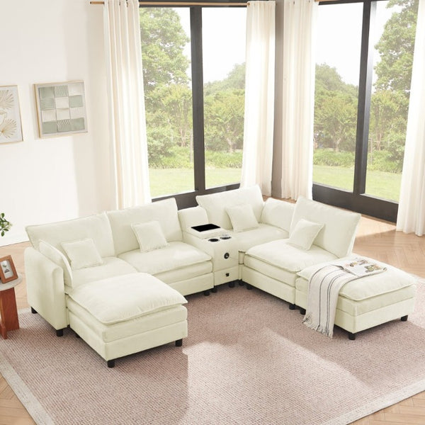English Elm Modular L Shaped Sectional with Reversible Chaise USB Charging and Hidden Storage Beige W487S00612