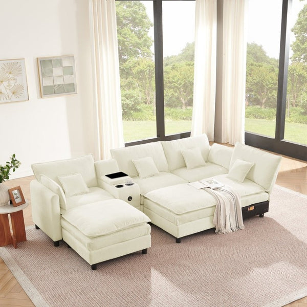 English Elm Modular L Shaped Sectional with Reversible Chaise USB Charging and Hidden Storage Beige W487S00612