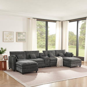 English Elm Modular L Shaped Sectional with Reversible Chaise USB Charging and Hidden Storage Dark Gray W487S00613