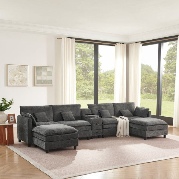 English Elm Modular L Shaped Sectional with Reversible Chaise USB Charging and Hidden Storage Dark Gray W487S00613