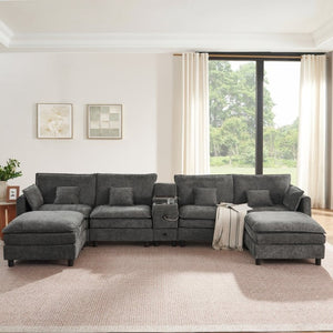English Elm Modular L Shaped Sectional with Reversible Chaise USB Charging and Hidden Storage Dark Gray W487S00613