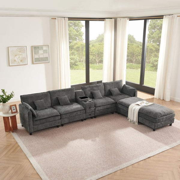 English Elm Modular L Shaped Sectional with Reversible Chaise USB Charging and Hidden Storage Dark Gray W487S00613