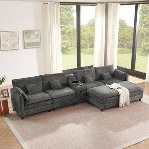 English Elm Modular L Shaped Sectional with Reversible Chaise USB Charging and Hidden Storage Dark Gray W487S00613