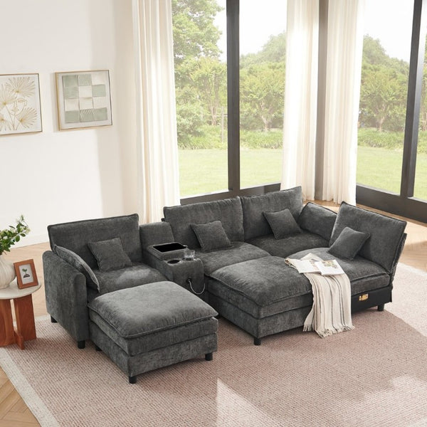English Elm Modular L Shaped Sectional with Reversible Chaise USB Charging and Hidden Storage Dark Gray W487S00613