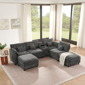 English Elm Modular L Shaped Sectional with Reversible Chaise USB Charging and Hidden Storage Dark Gray W487S00613