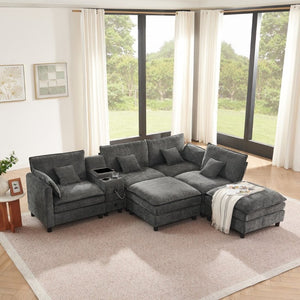 English Elm Modular L Shaped Sectional with Reversible Chaise USB Charging and Hidden Storage Dark Gray W487S00613