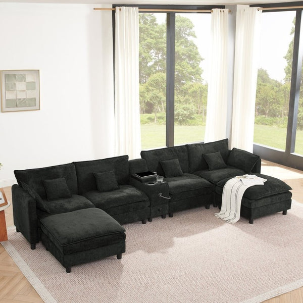 English Elm Modular L Shaped Sectional with Reversible Chaise USB Charging and Hidden Storage Black W487S00614