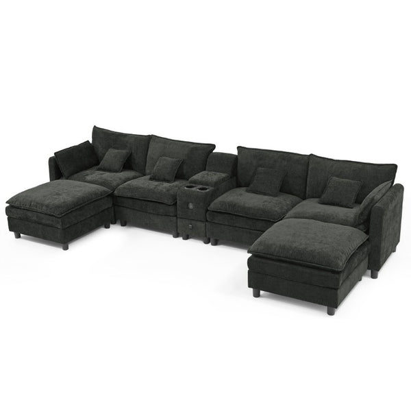 English Elm Modular L Shaped Sectional with Reversible Chaise USB Charging and Hidden Storage Black W487S00614
