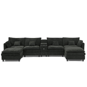 English Elm Modular L Shaped Sectional with Reversible Chaise USB Charging and Hidden Storage Black W487S00614