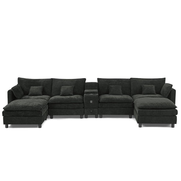 English Elm Modular L Shaped Sectional with Reversible Chaise USB Charging and Hidden Storage Black W487S00614
