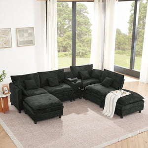English Elm Modular L Shaped Sectional with Reversible Chaise USB Charging and Hidden Storage Black W487S00614