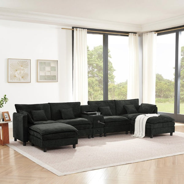 English Elm Modular L Shaped Sectional with Reversible Chaise USB Charging and Hidden Storage Black W487S00614