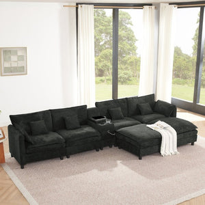 English Elm Modular L Shaped Sectional with Reversible Chaise USB Charging and Hidden Storage Black W487S00614