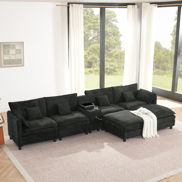 English Elm Modular L Shaped Sectional with Reversible Chaise USB Charging and Hidden Storage Black W487S00614