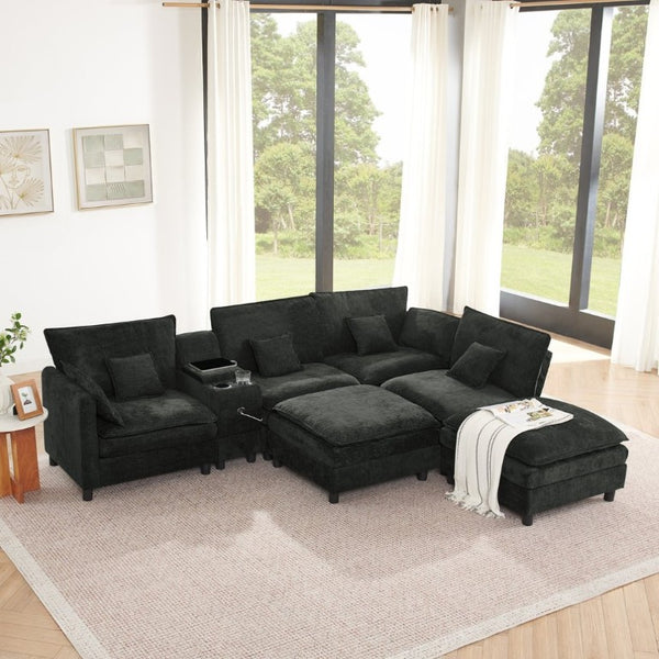 English Elm Modular L Shaped Sectional with Reversible Chaise USB Charging and Hidden Storage Black W487S00614