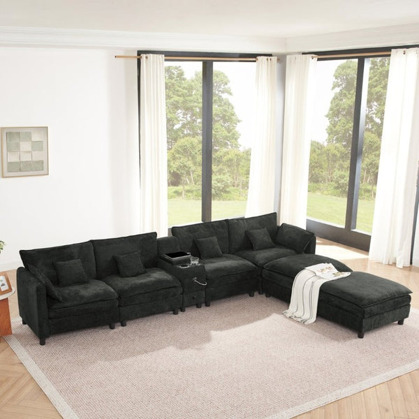 English Elm Modular L Shaped Sectional with Reversible Chaise USB Charging and Hidden Storage Black W487S00614