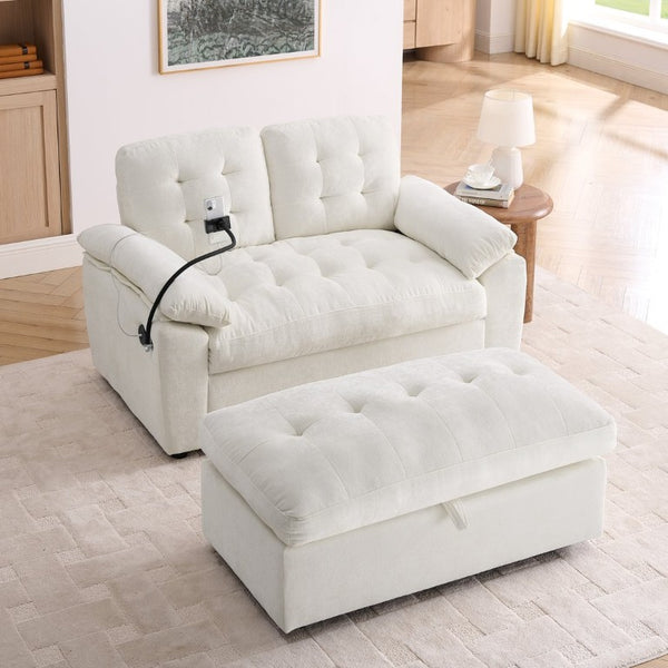 English Elm Leisure Chenille Two Seat Manual Reclining Sofa with USB Port and Storage Ottoman Beige W487S00627