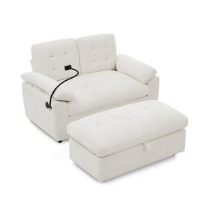 English Elm Leisure Chenille Two Seat Manual Reclining Sofa with USB Port and Storage Ottoman Beige W487S00627