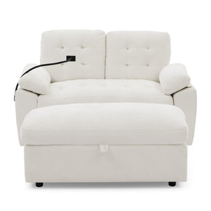 English Elm Leisure Chenille Two Seat Manual Reclining Sofa with USB Port and Storage Ottoman Beige W487S00627