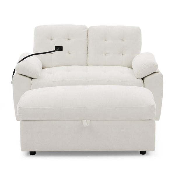 English Elm Leisure Chenille Two Seat Manual Reclining Sofa with USB Port and Storage Ottoman Beige W487S00627