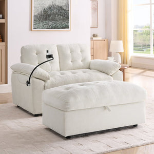 English Elm Leisure Chenille Two Seat Manual Reclining Sofa with USB Port and Storage Ottoman Beige W487S00627