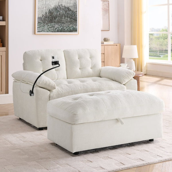 English Elm Leisure Chenille Two Seat Manual Reclining Sofa with USB Port and Storage Ottoman Beige W487S00627