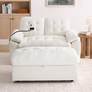 English Elm Leisure Chenille Two Seat Manual Reclining Sofa with USB Port and Storage Ottoman Beige W487S00627