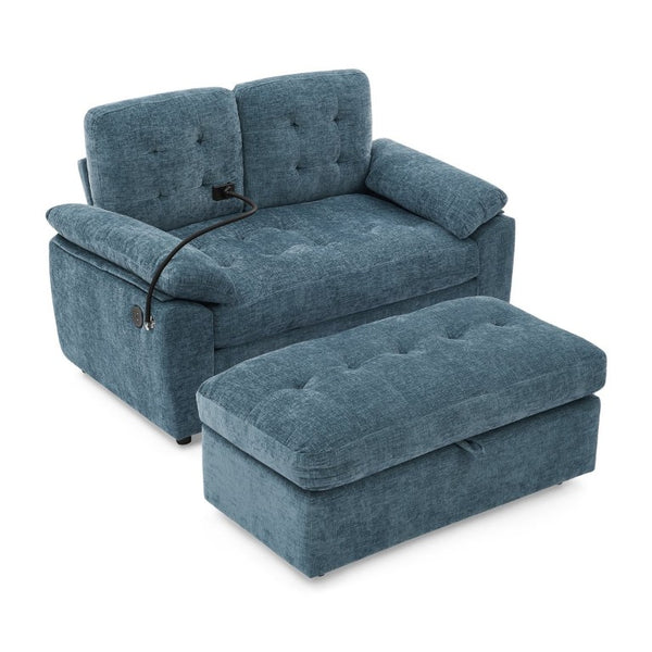 English Elm Leisure Chenille Two Seat Manual Reclining Sofa with USB Port and Storage Ottoman Blue W487S00628