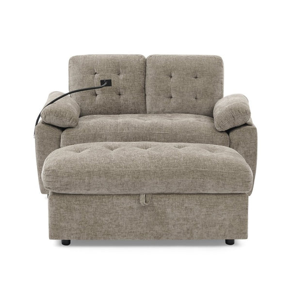 English Elm Leisure Chenille Two Seat Manual Reclining Sofa with USB Port and Storage Ottoman Brown W487S00630