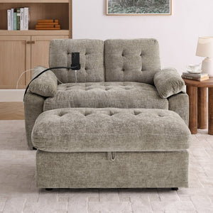 English Elm Leisure Chenille Two Seat Manual Reclining Sofa with USB Port and Storage Ottoman Brown W487S00630