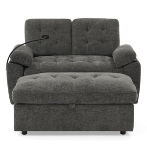 English Elm Leisure Chenille Reclining Loveseat with USB Port Phone Stand and Storage Ottoman Gray W487S00633