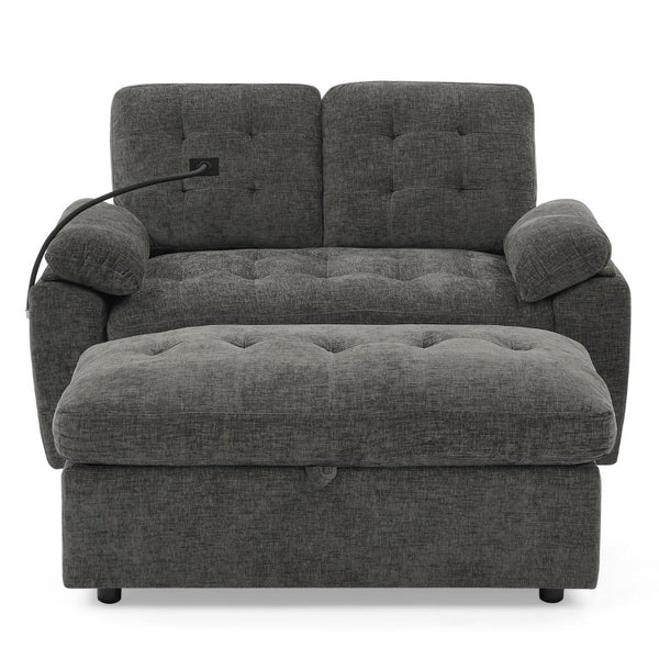 English Elm Leisure Chenille Reclining Loveseat with USB Port Phone Stand and Storage Ottoman Gray W487S00633
