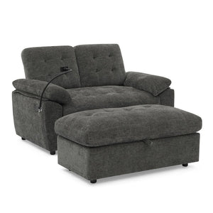English Elm Leisure Chenille Reclining Loveseat with USB Port Phone Stand and Storage Ottoman Gray W487S00633