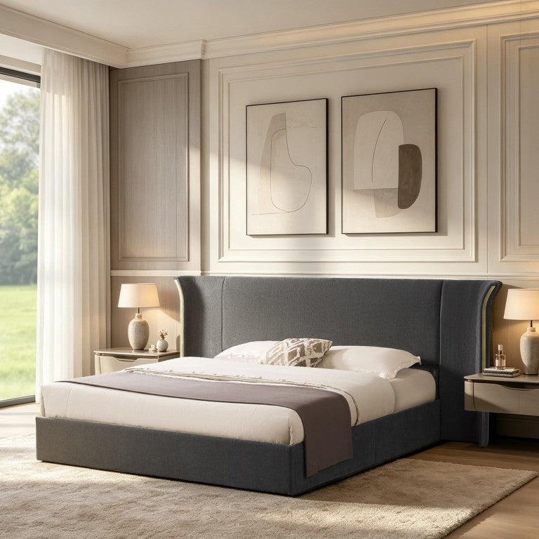 English Elm King Wingback Upholstered Bed Chenille Fabric Padded Headboard for Primary Bedroom Dark Gray W487S00639