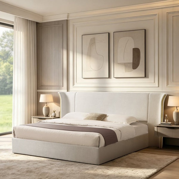 English Elm King Wingback Upholstered Bed Soft Chenille Fabric Tall Padded Headboard Bedroom King Beige W487S00641