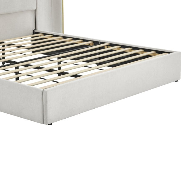 English Elm King Wingback Upholstered Bed Soft Chenille Fabric Tall Padded Headboard Bedroom King Beige W487S00641
