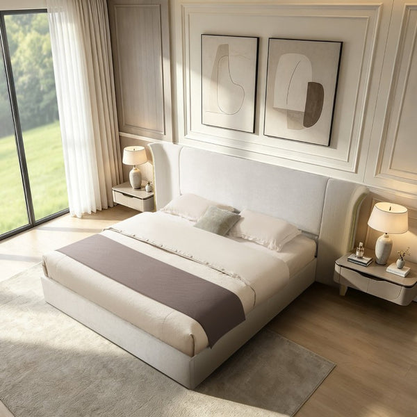 English Elm King Wingback Upholstered Bed Soft Chenille Fabric Tall Padded Headboard Bedroom King Beige W487S00641