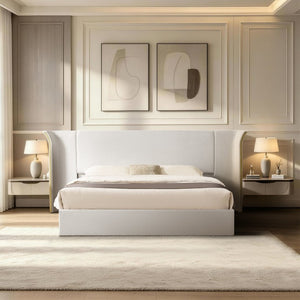 English Elm King Wingback Upholstered Bed Soft Chenille Fabric Tall Padded Headboard Bedroom King Beige W487S00641