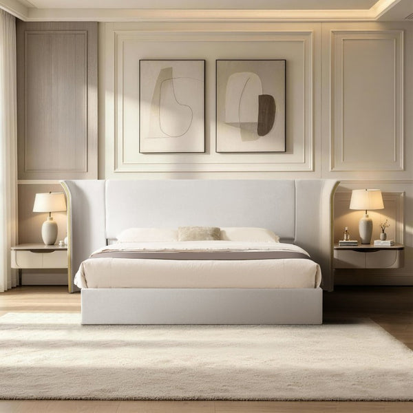 English Elm King Wingback Upholstered Bed Soft Chenille Fabric Tall Padded Headboard Bedroom King Beige W487S00641