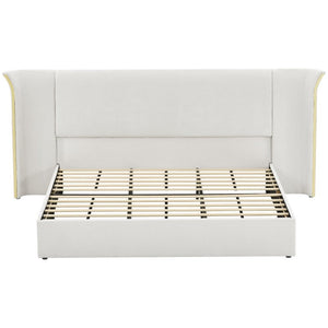 English Elm King Wingback Upholstered Bed Soft Chenille Fabric Tall Padded Headboard Bedroom King Beige W487S00641