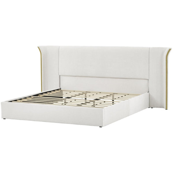 English Elm King Wingback Upholstered Bed Soft Chenille Fabric Tall Padded Headboard Bedroom King Beige W487S00641